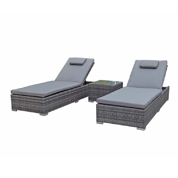 Jeana Rattan Garden Sun Loungers With Drink Table In Grey | Bed Sava