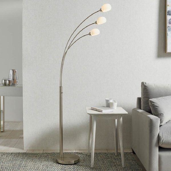 Jeddah 5 Light White Shades Floor Lamp In Satin Nickel | Bed Sava