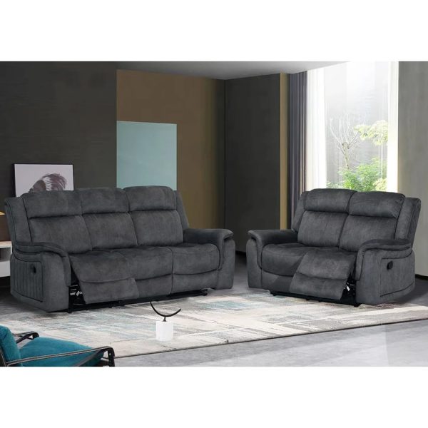 Jeddah Plush Velvet Recliner 3+2 Seater Sofa Set In Dark Grey | Bed Sava