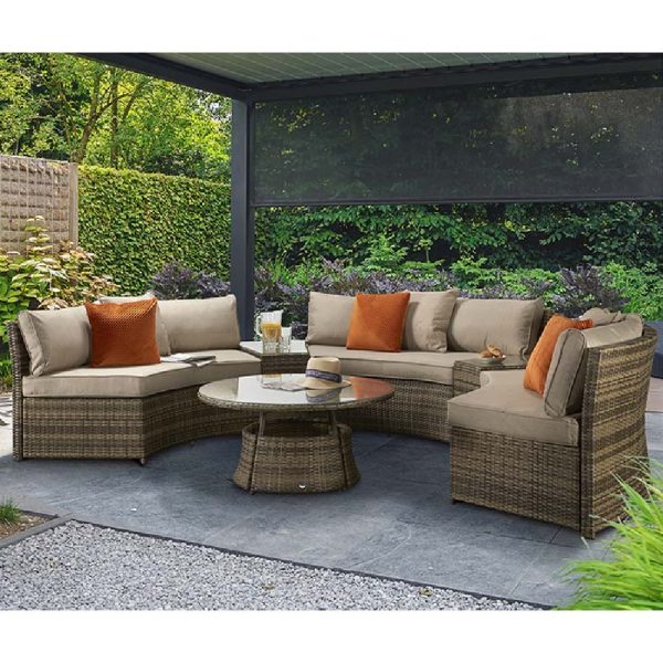 Jeren Rattan Garden Half Moon Sofa Set With Coffee Table In Brown | Bed Sava