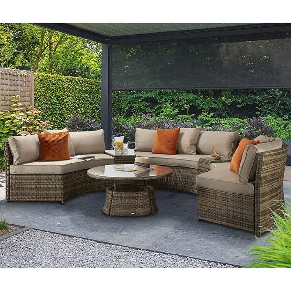 Jeren Rattan Garden Half Moon Sofa Set With Coffee Table In Brown