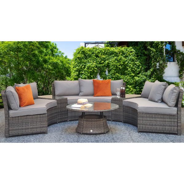 Jeren Rattan Garden Half Moon Sofa Set With Coffee Table In Grey | Bed Sava