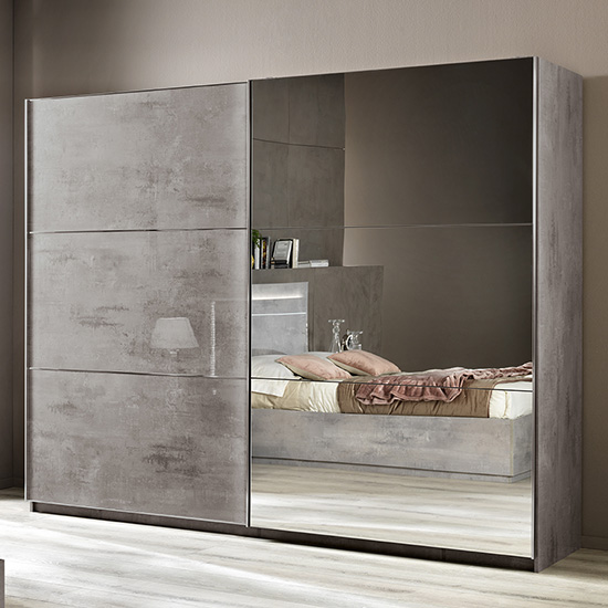 Jessica Large Wooden Mirrored Sliding Door Wardrobe In Grey Marble