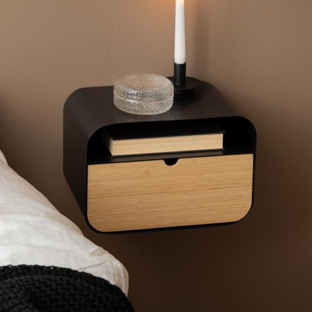 Jicama Metal Wall Hung Bedside Cabinet With Oak Drawer In Black