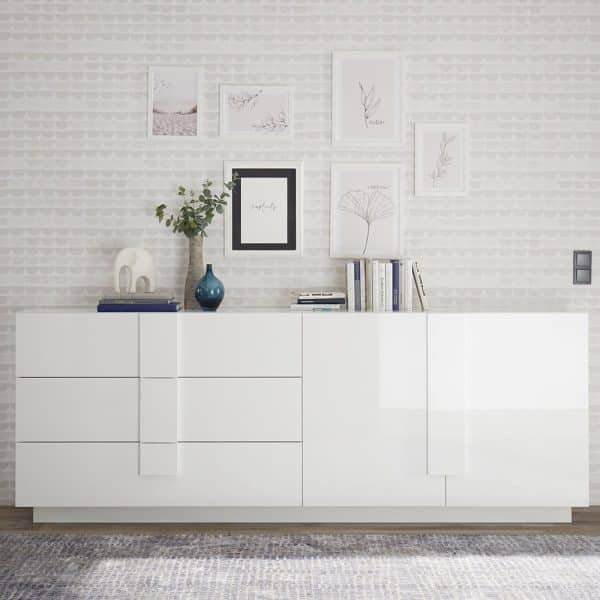 Jining High Gloss Sideboard With 2 Doors 3 Drawers In White | Bed Sava