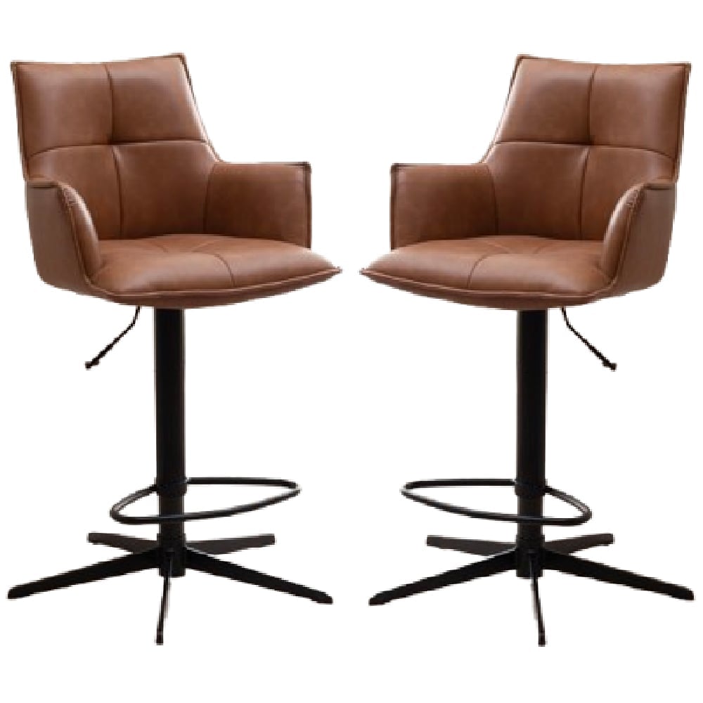 Joplin Tan PU Leather Bar Chairs With Metal Base In Pair