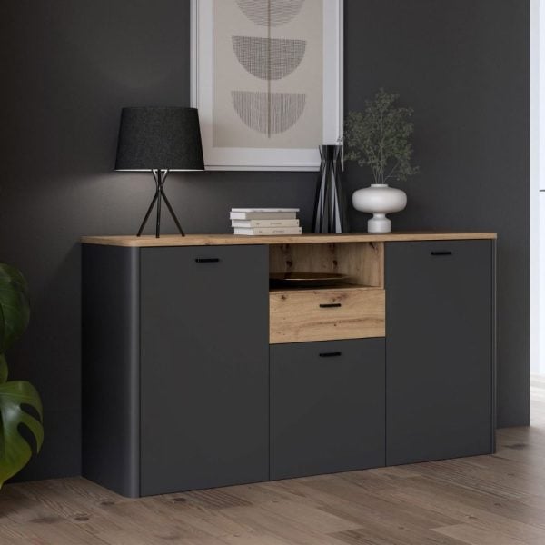 Kanata Wooden Sideboard With 3 Doors 1 Drawer In Grey And Oak | Bed Sava