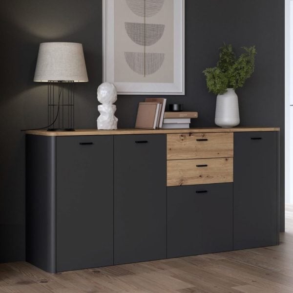 Kanata Wooden Sideboard With 4 Doors 2 Drawers In Grey And Oak | Bed Sava