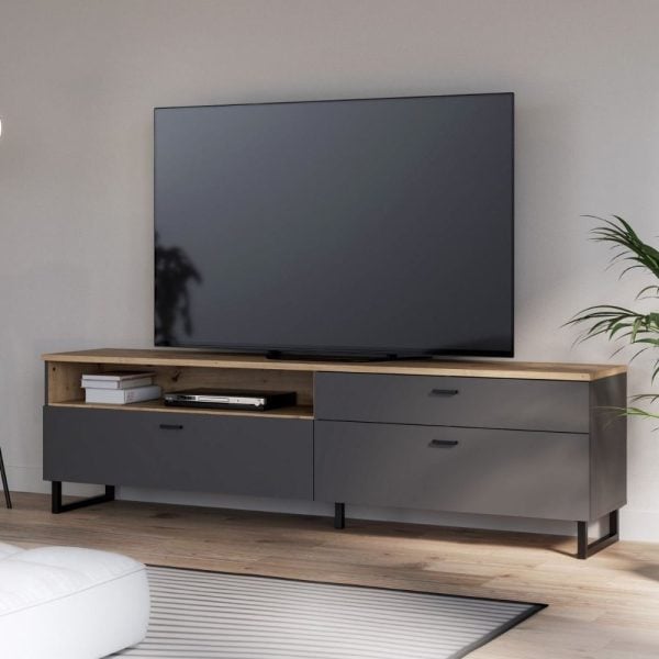 Kanata Wooden TV Stand With 2 Flip Doors 1 Drawer In Grey And Oak | Bed Sava