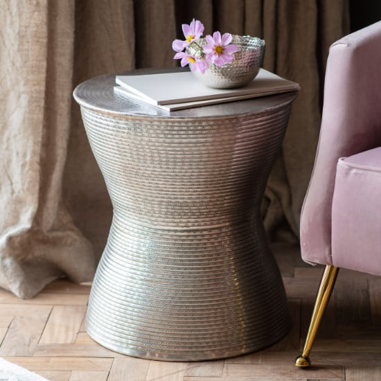 Kariba Metal Round Side Table In Antique Silver | Bed Sava