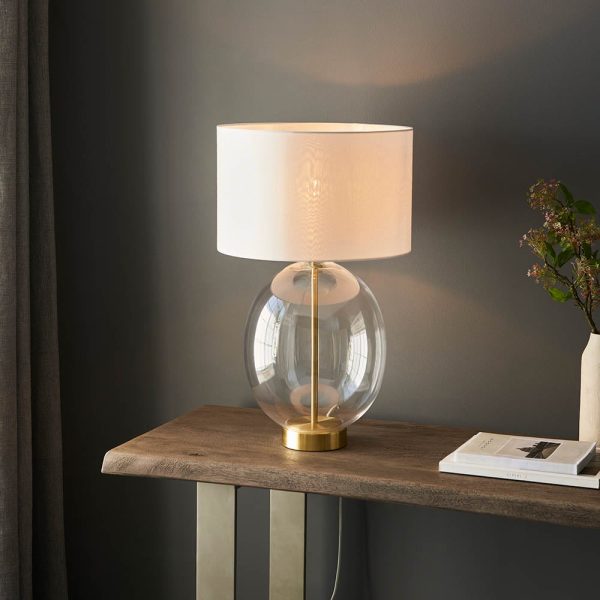 Katonah Oval Clear Glass Table Lamp In White And Brass | Bed Sava