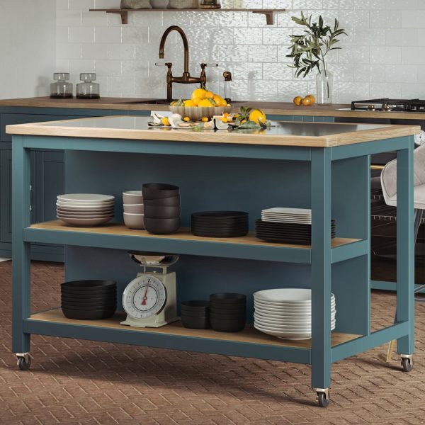 Kavala Black Granite Top Kitchen Island In Blue And Oak | Bed Sava