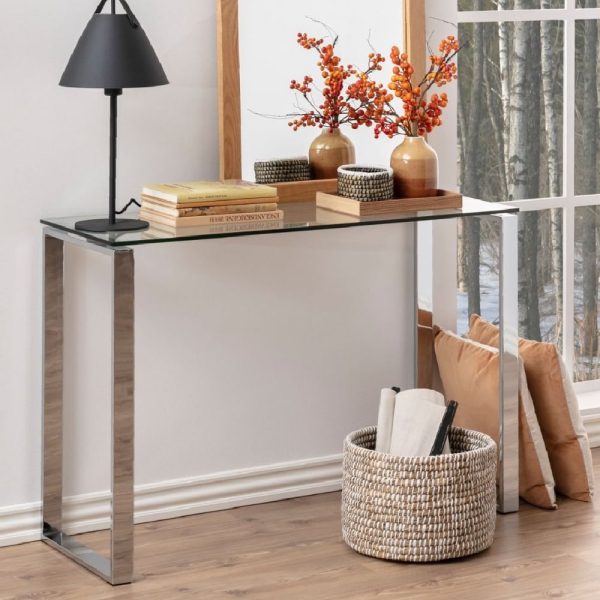 Keene Clear Glass Console Table With Chrome Metal Frame | Bed Sava