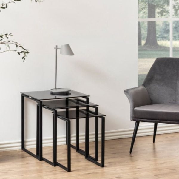 Keene Smoked Glass Nest Of 3 Tables With Black Metal Frame | Bed Sava