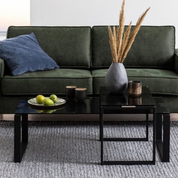 Keene Smoked Glass Nesting Coffee Table With Black Metal Frame | Bed Sava