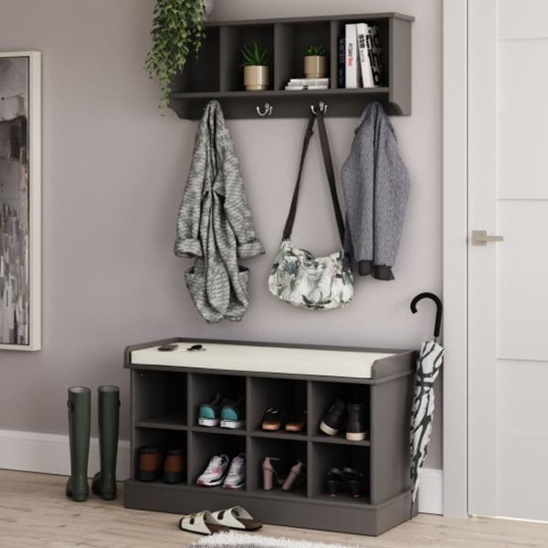 Keswick Wooden Shoe Seating Bench With Wall Coat Rack In Grey | Bed Sava