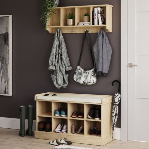 Keswick Wooden Shoe Seating Bench With Wall Coat Rack In Oak | Bed Sava