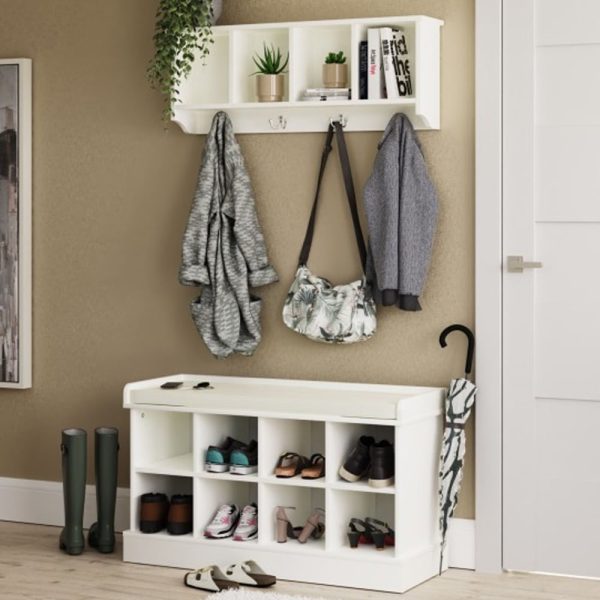 Keswick Wooden Shoe Seating Bench With Wall Coat Rack In White | Bed Sava