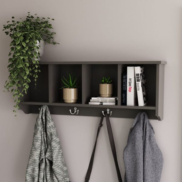 Keswick Wooden Wall Coat Rack With 4 Shelves In Grey | Bed Sava