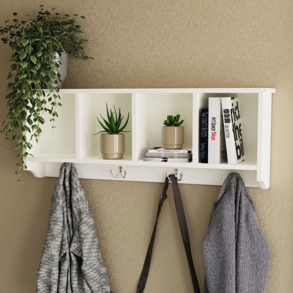 Keswick Wooden Wall Coat Rack With 4 Shelves In White | Bed Sava