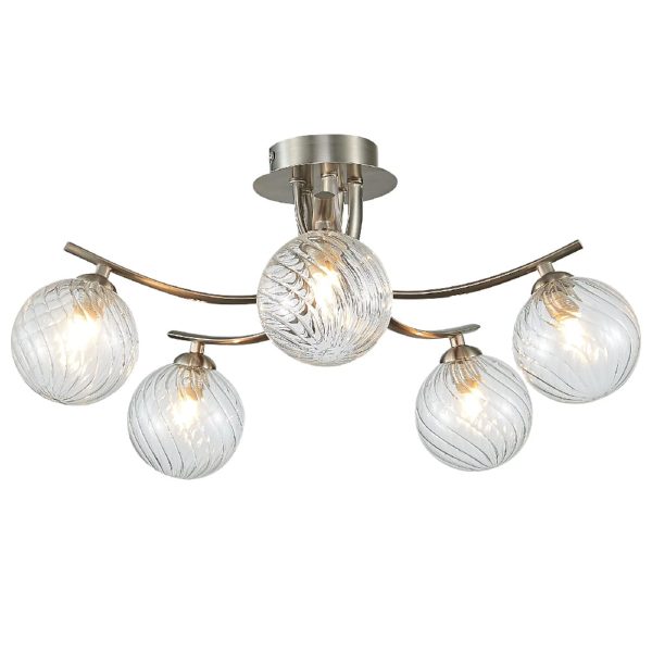 Kettlewell 5 Light Glass Shade Flush Light In Satin Nickel | Bed Sava