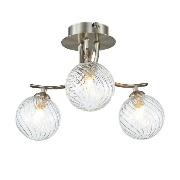 Kettlewell 3 Light Glass Shade Flush Light In Satin Nickel | Bed Sava