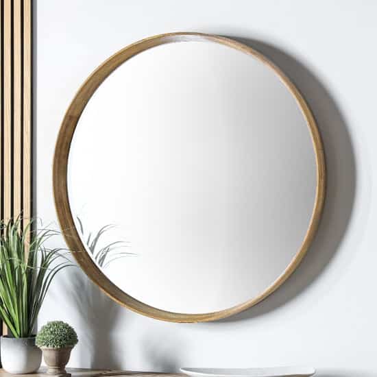 Kinder Round Large Bevelled Wall Mirror In Oak Wood Frame