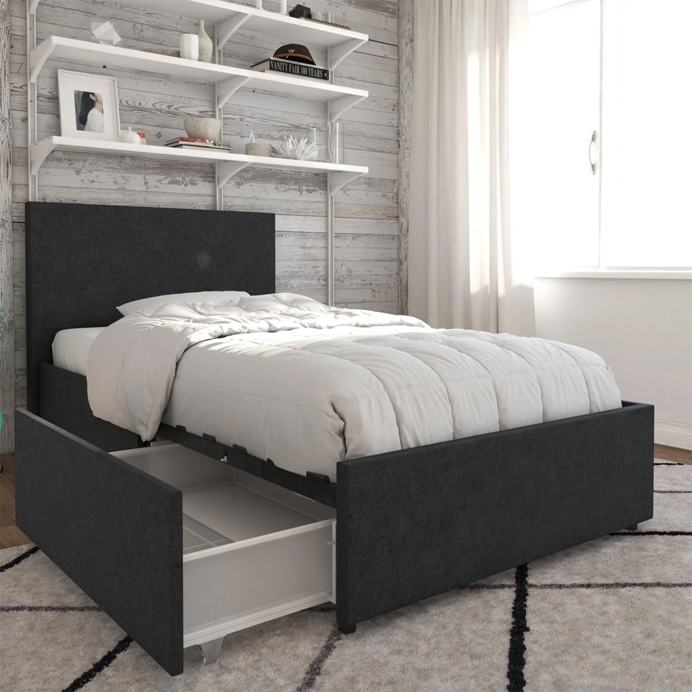 Kingston Fabric Single Bed With 2 Drawers In Dark Grey