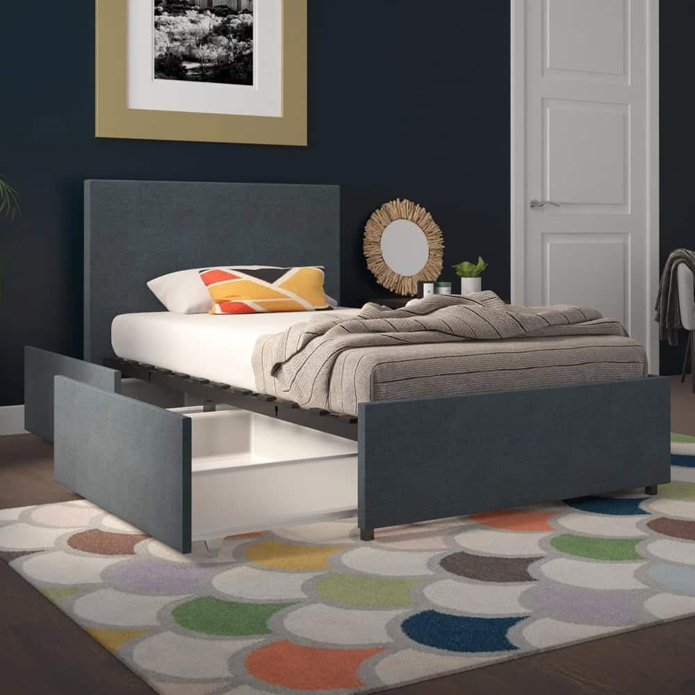 Kingston Fabric Single Bed With 2 Drawers In Navy