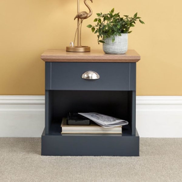 Kirkby Wooden Bedside Cabinet With 1 Drawer In Slate Blue And Oak | Bed Sava