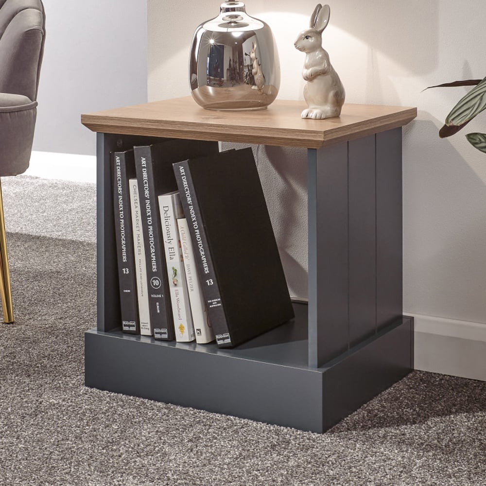 Kirkby Wooden Lamp Table In Slate Blue And Oak | Bed Sava