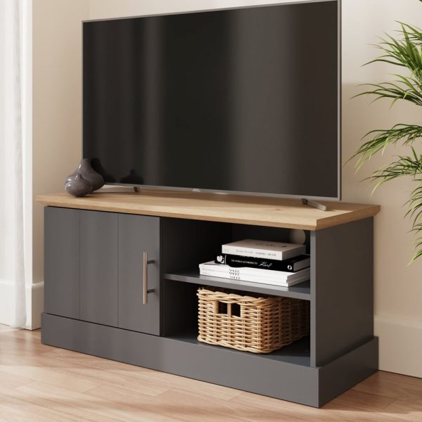 Kirkby Wooden TV Stand With 1 Door In Slate Blue And Oak | Bed Sava