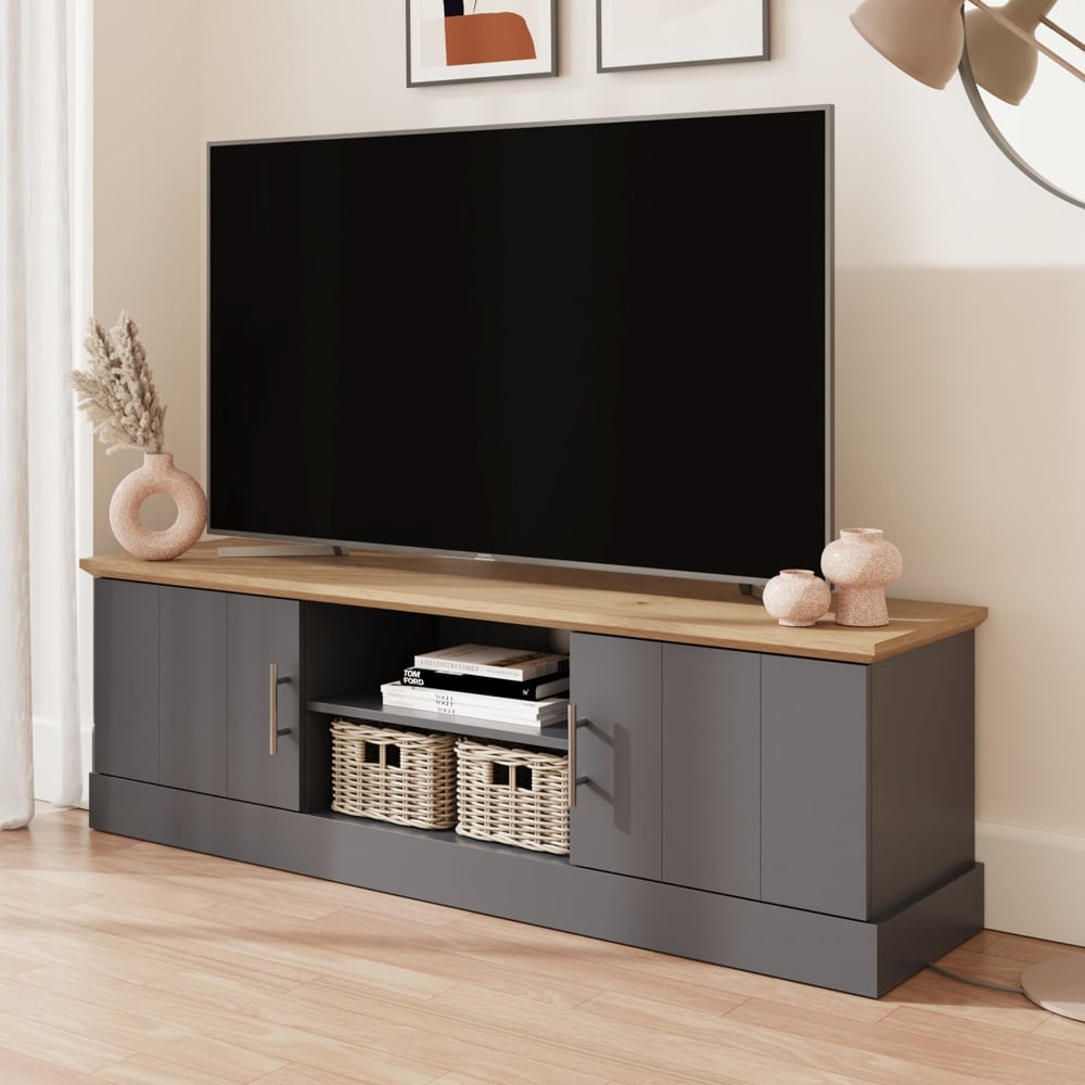 Kirkby Wooden TV Stand With 2 Doors In Slate Blue And Oak | Bed Sava