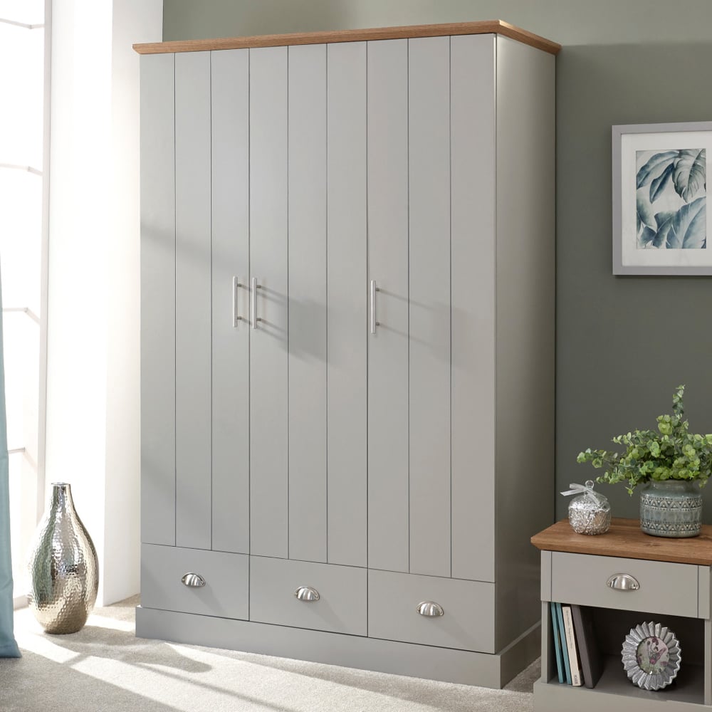 Kirkby Wooden Wardrobe With 3 Doors 3 Drawers In Grey And Oak | Bed Sava