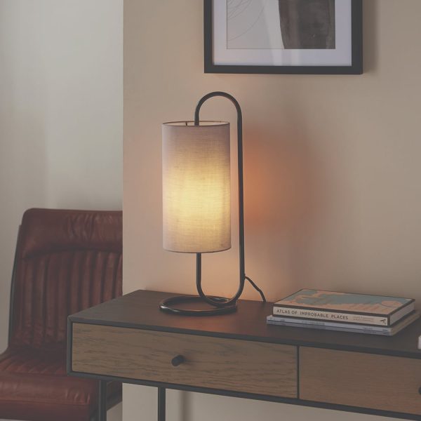 Kirkland Cylindrical Grey Fabric Shade Table Lamp In Matt Black | Bed Sava