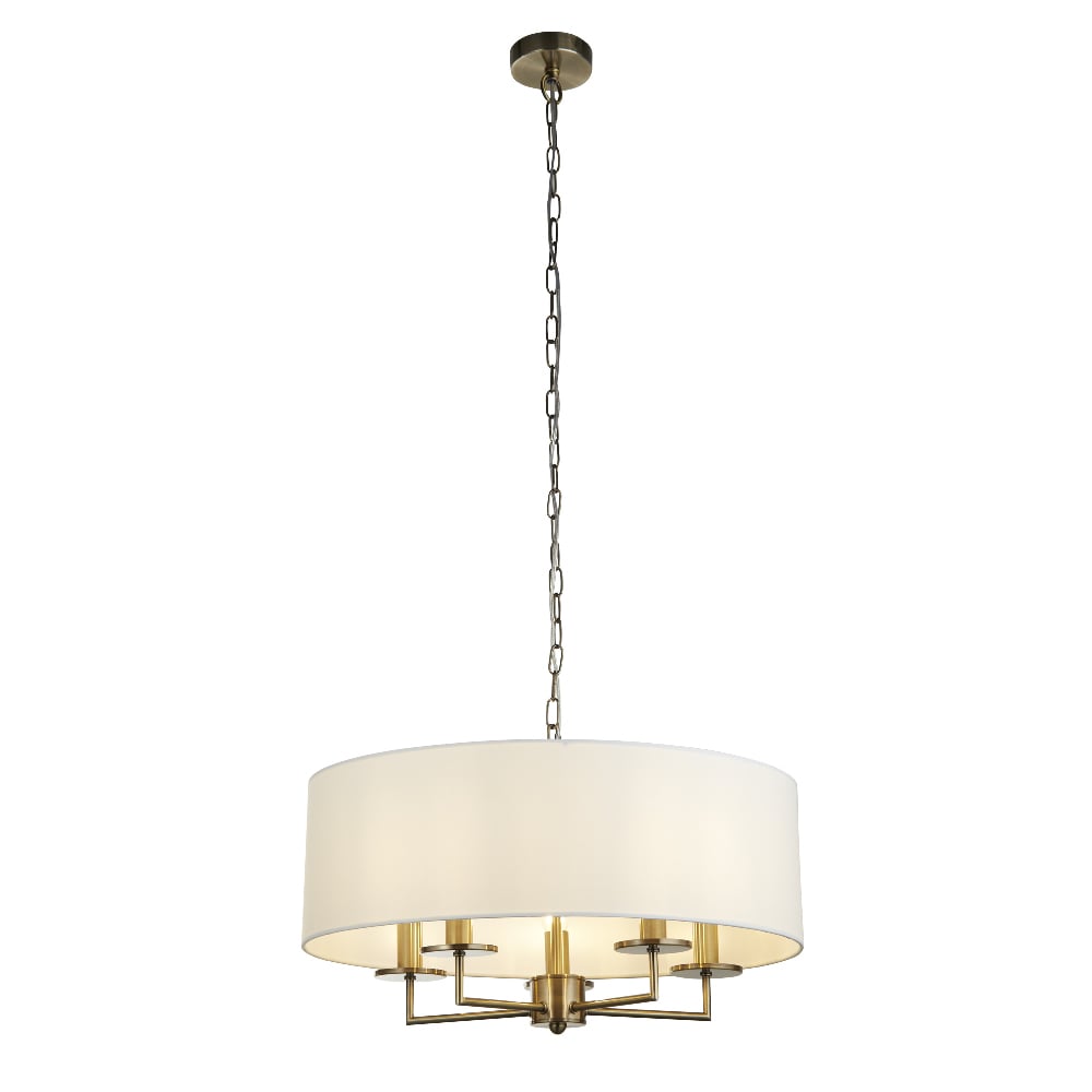 Knightsbridge 5 Light White Shade Pendant Light In Antique Brass