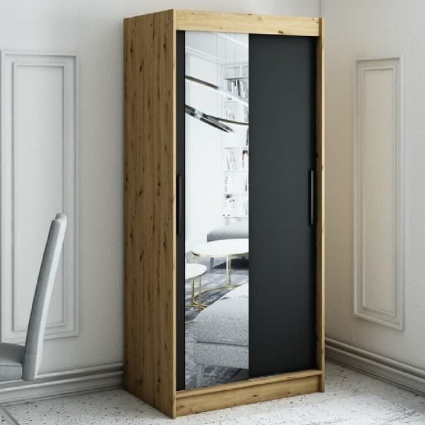 Laconia Mirrored Wardrobe With 2 Sliding Doors In Black And Oak | Bed Sava