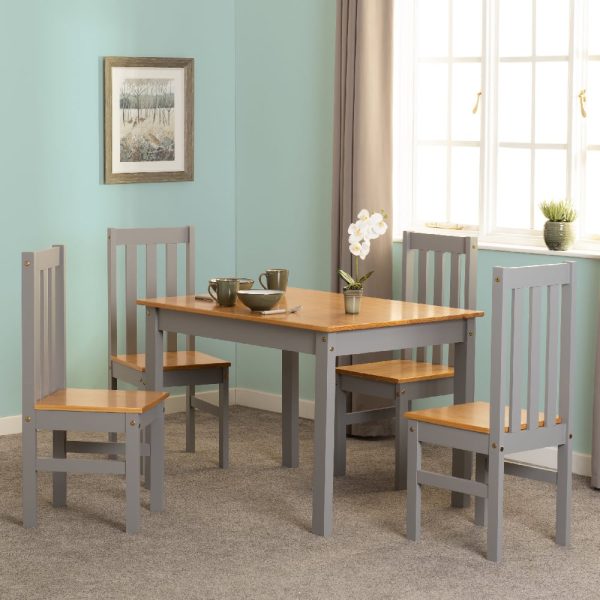 Ladkro Wooden Dining Table With 4 Chairs In Grey Slate And Oak | Bed Sava