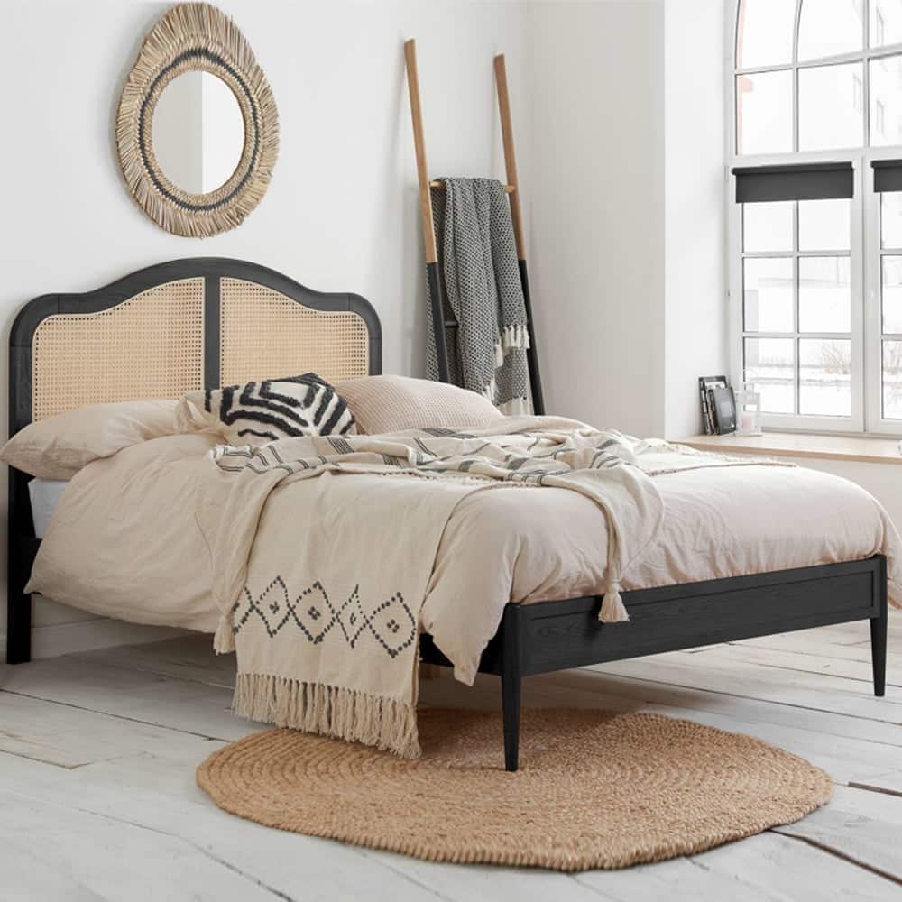 Ladson Wooden King Size Bed With Rattan Headboard In Black | Bed Sava