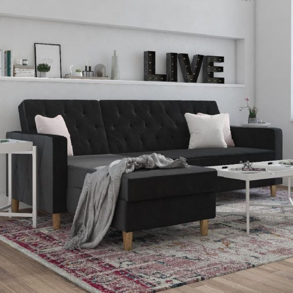 Lahaina Velvet Sofa Bed With Oak Legs In Black | Bed Sava