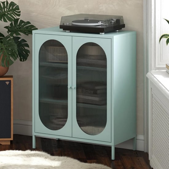 Lakes Metal Storage Cabinet 2 Fluted Glass Doors In Sky Blue
