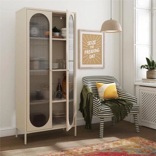 Lakes Metal Storage Cabinet Tall 2 Fluted Glass Doors In Parchment