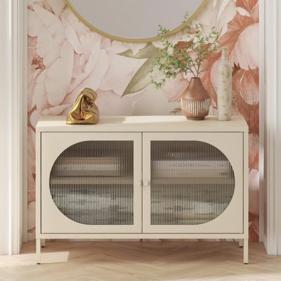 Lakes Metal Storage Cabinet Wide 2 Fluted Glass Doors In Parchment
