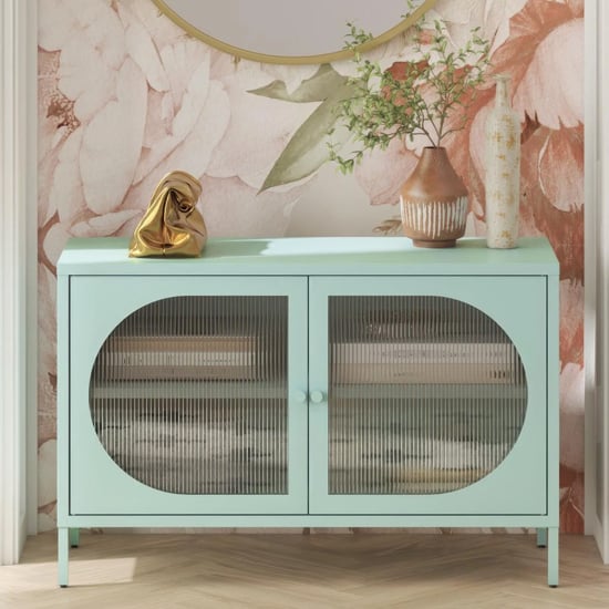 Lakes Metal Storage Cabinet Wide 2 Fluted Glass Doors In Sky Blue