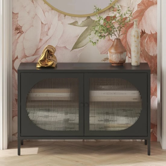 Lakes Metal Storage Cabinet Wide 2 Fluted Glass Doors In Black