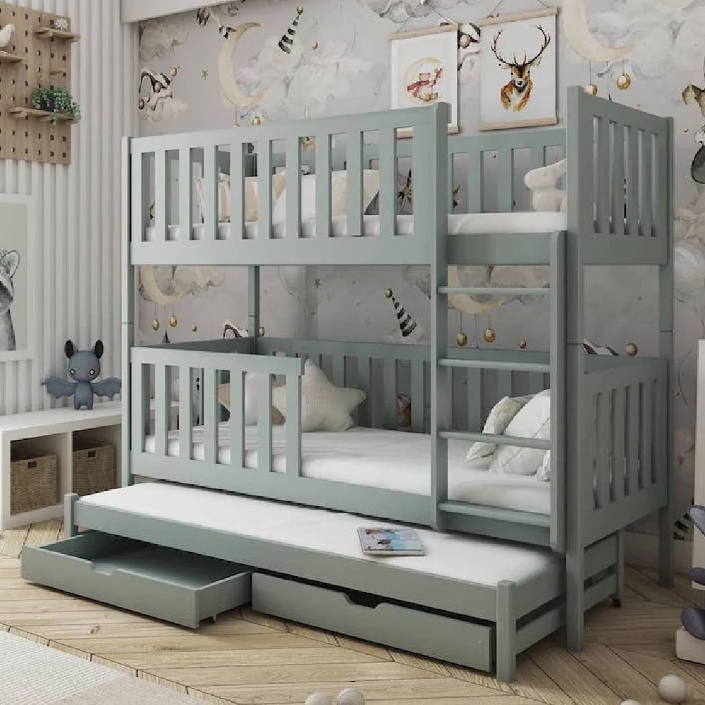 Lampe Wooden Bunk Bed With Foam Mattress And Trundle In Grey
