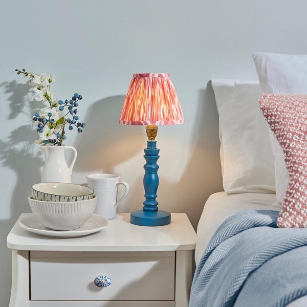Laredo Coral Pink 16cm Shade Wood Table Lamp In Marlin Blue | Bed Sava