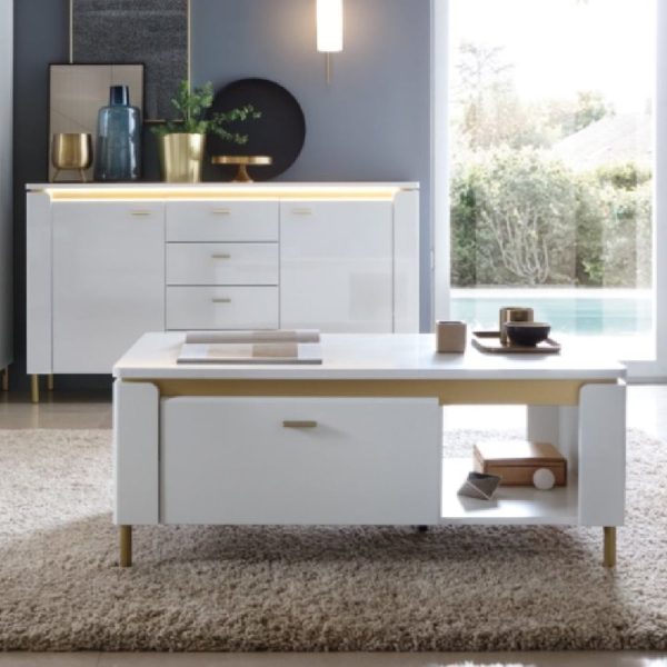 Laughlin LED High Gloss Coffee Table With 1 Door In White | Bed Sava