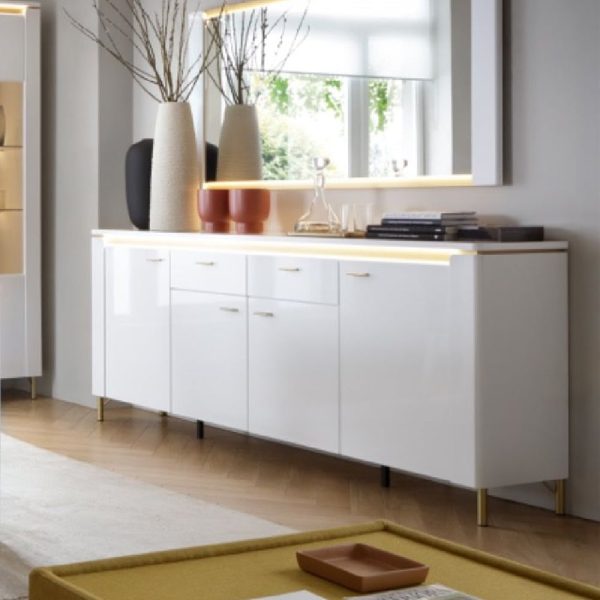 Laughlin LED High Gloss Sideboard With 4 Doors 2 Drawers In White | Bed Sava