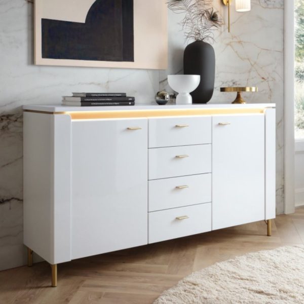Laughlin LED High Gloss Sideboard With 2 Doors 4 Drawers In White | Bed Sava